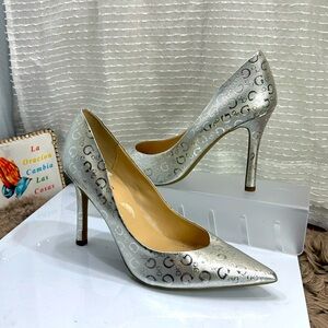 (B2) Guess Silver High Heels with Logo Women's Size 9